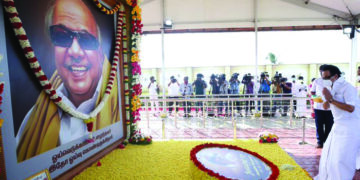 DMK patriarch Karunanidhi’s memorial turns into wedding venue on his 97th birth anniversary