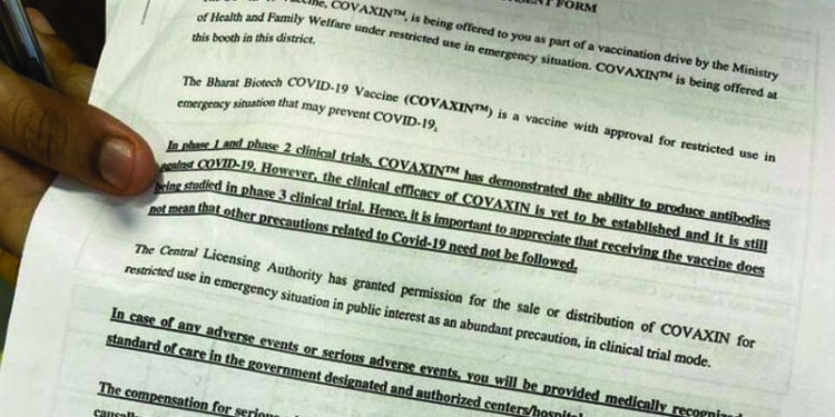 Consent form for Covaxin assures compensation in case of adverse events