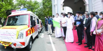 CM Stalin flags off 10 ambulances donated by Karur Vysya Bank at the Secretariat