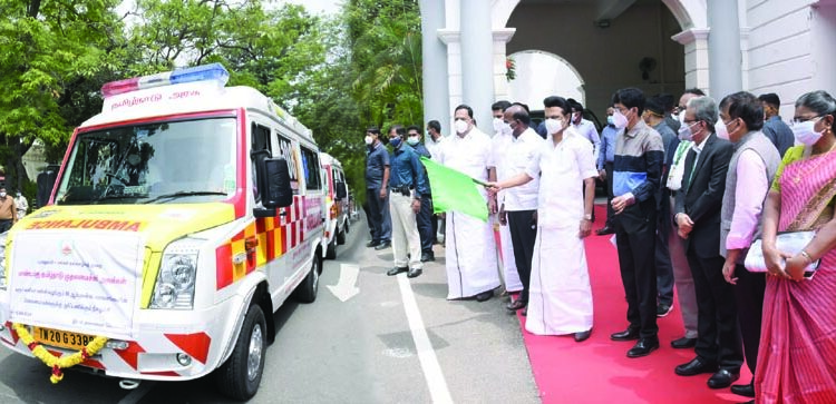 CM Stalin flags off 10 ambulances donated by Karur Vysya Bank at the Secretariat