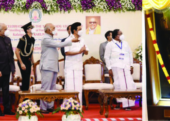 Prez all praise for century-old TN legislature’s social reforms, unveils portrait of Kalaignar Karunanidhi