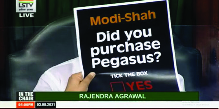 Opposition parties display posters in Tamil, Malayalam & 5 other languages in Parliament on Pegasus snooping row