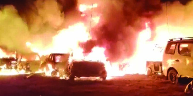 Over 25 vehicles burnt at Kheda police station
