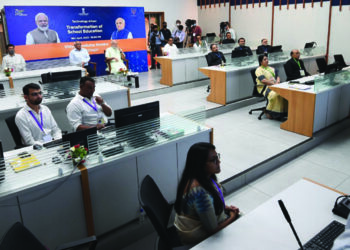 PM Narenda Modi visits exhibition at Vidya Samiksha Kendra in Gandhinagar