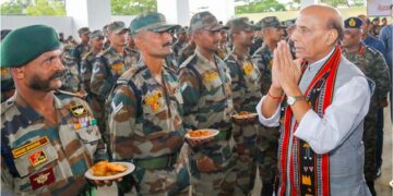 Rajnath Singh interacts with troops at HQs Inspector General Assam Rifles (South) in Manipur