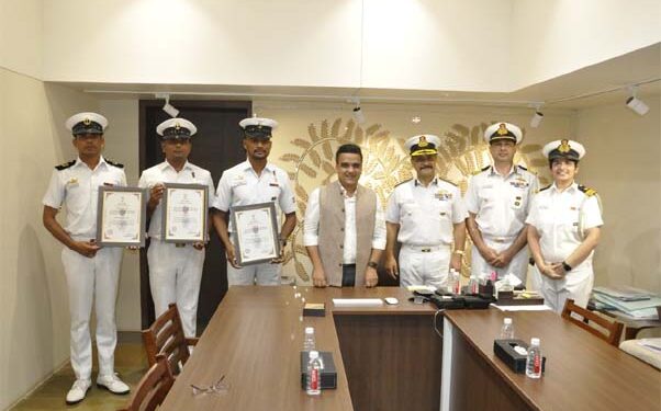 Gujarat MoS Home confers Prez’s ‘Uttam Jeevan Rakshak Padak’ to 3 Indian Coast Guard personnel