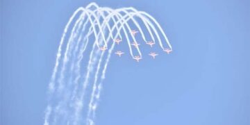 Surya Kiran Aerobatic Team performs air show over Air Force Station in Jamnagar