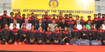 TN contingent of 466 athletes leaving for 37th National Games given warm send off by TNOA President Isari K Ganesh & GS Aadhav Arjuna