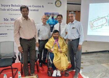 Rotary Club of Kovai Central & Ganga Hospital fete Muthuraja for winning 2 medals in Asian Para Games