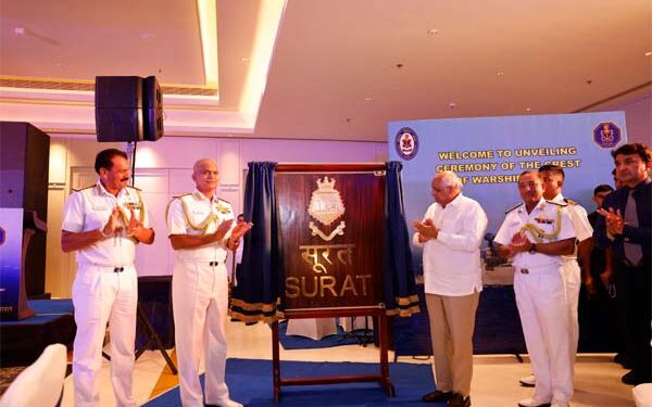 Gujarat Chief Minister unveils Navy’s under-construction warship Surat’s crest