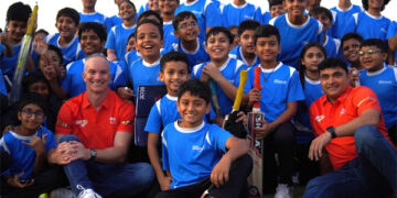 Coaches of Gujarat Giants, Klinger & Tambe, visit Adani Sportsline Cricket Academy in Shantigram