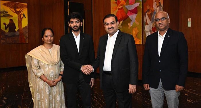 Youngest world chess champion Gukesh Dommaraju meets Gautam Adani